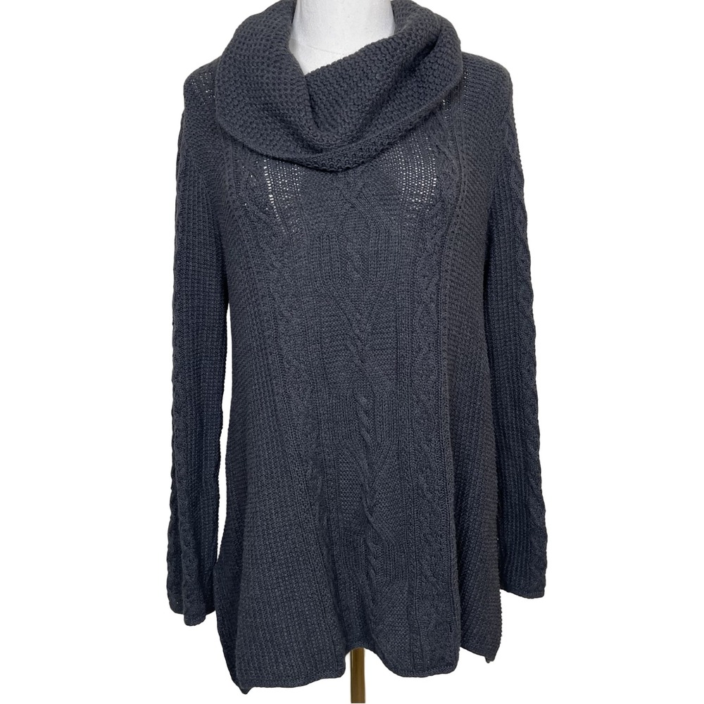 Jeanne Pierre Charcoal Cable Knit Cowl Neck Sweater Fisherman L 100% Cotton